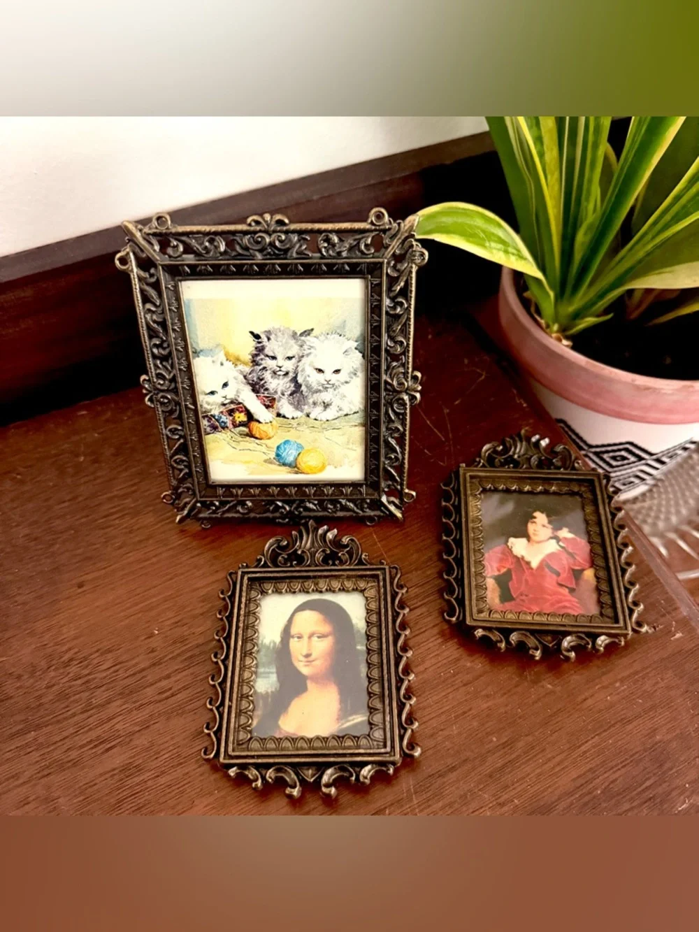 Vintage Brass Metal Framed Miniatures Picture Cats Mona Lisa Victorian Art Italy